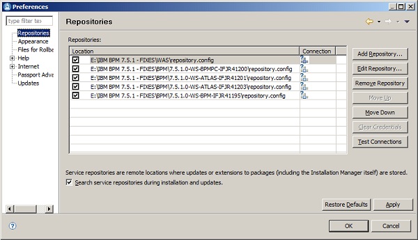 IBM Installation Manager - Repositorios existentes correspondientes a los Fixes mandatorios de la versión 7.5.1.0