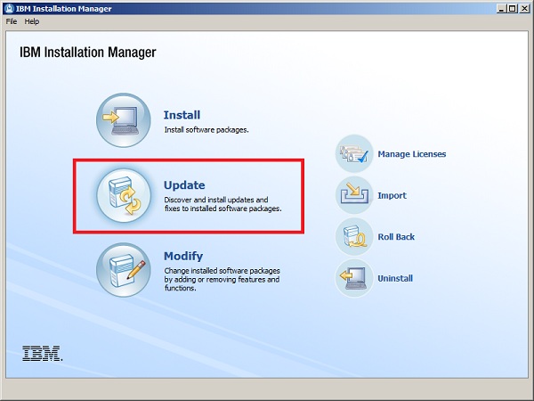 IBM Installation Manager - Selección de la opción de actualización
