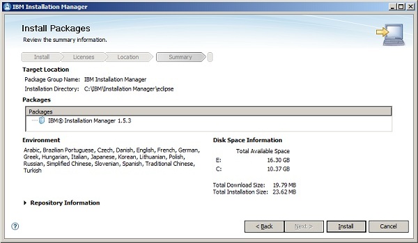 IBM Installation Manager - Resumen de la instalación