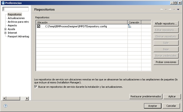 IBM Installation Manager - Repositorios necesarios para actualizar el Process Designer a la versión 7.5.1.1