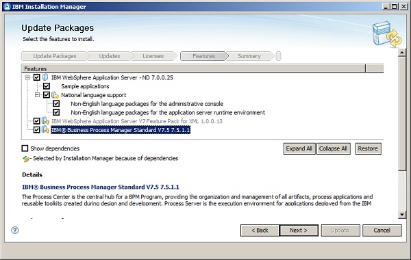 IBM Installation Manager - Selección de características a instalar