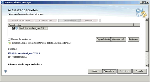 IBM Installation Manager - Selección de la característica IBM Process Designer 7.5.1.1