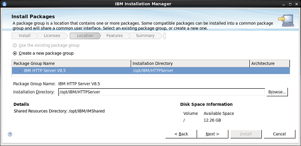 Selección de las ubicación donde se instalará el IBM HTTP Server