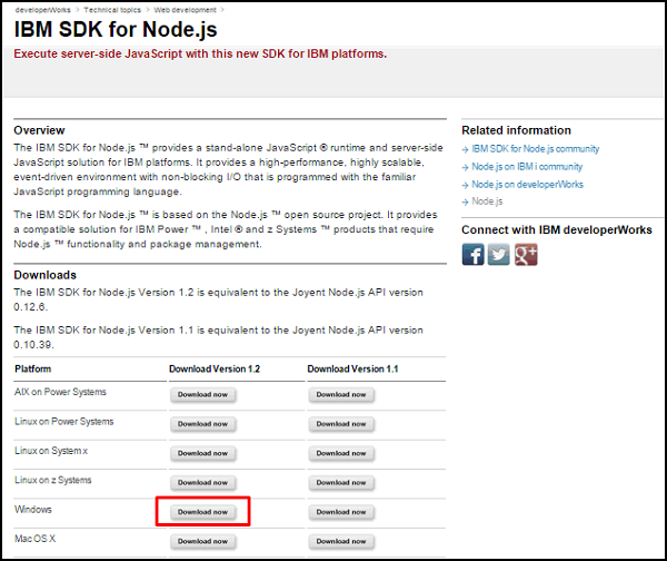 Acceso a página de descarga de IBM SDK for Node.js