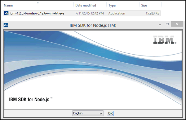 Inicio del asistente de instalación de IBM SDK for Node.js